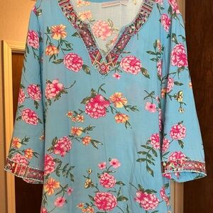 Belle by Kim Gravel Floral Embroidered Top - Light Blue and Pink